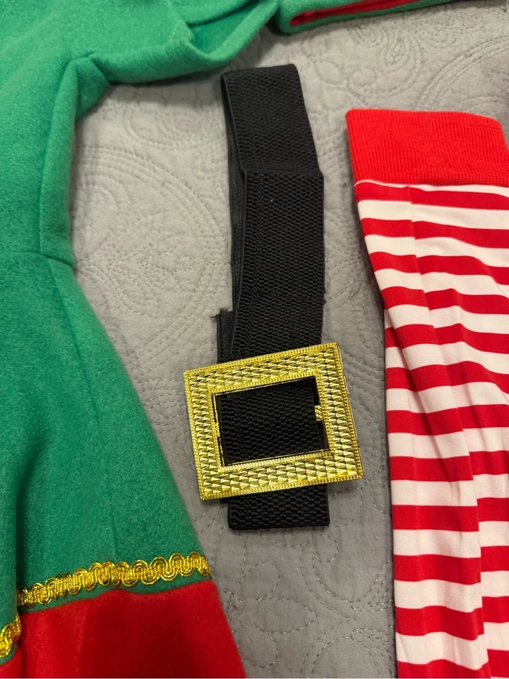 Girls' Green & Red Elf Costume with Striped Tights and Hat